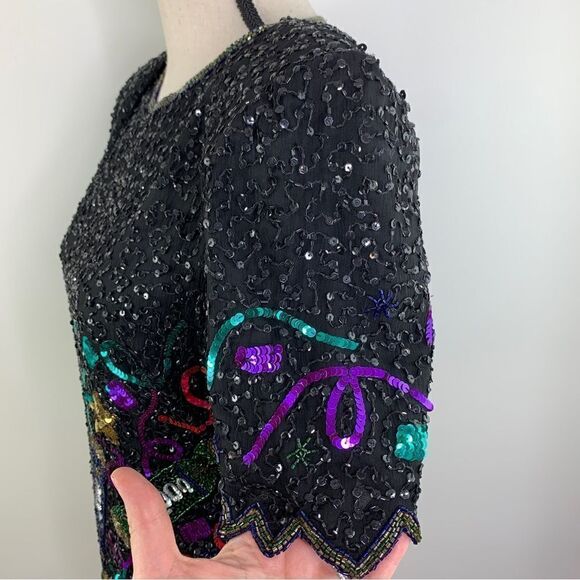 Vintage Lawrence Kazar Y2K New Year’s  Sequin Beaded Silk Top Sz M - Picture 4 of 13